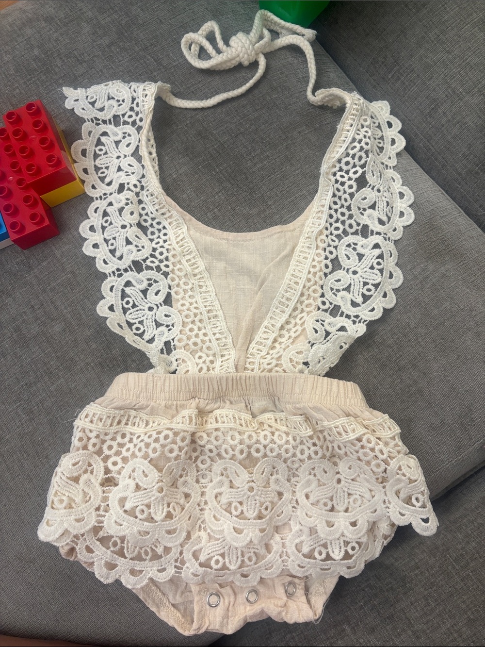 Cream Lace Romper with Scalloped Trim
